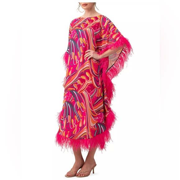 FEATHER TRIM CAFTAN DRESS - Picture 2 of 4